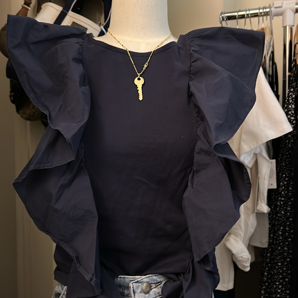 J. Crew Ruffle Top / Navy Blue Blouse XXS but Fit Size Small Too